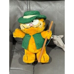 Garfield Plush Toy Fisherman Hat Vest Fishing Pole Fish Tag 1978 10"